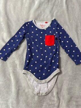 Baby Boden Navy Star Long-Sleeve Bodysuit with Red Pocket